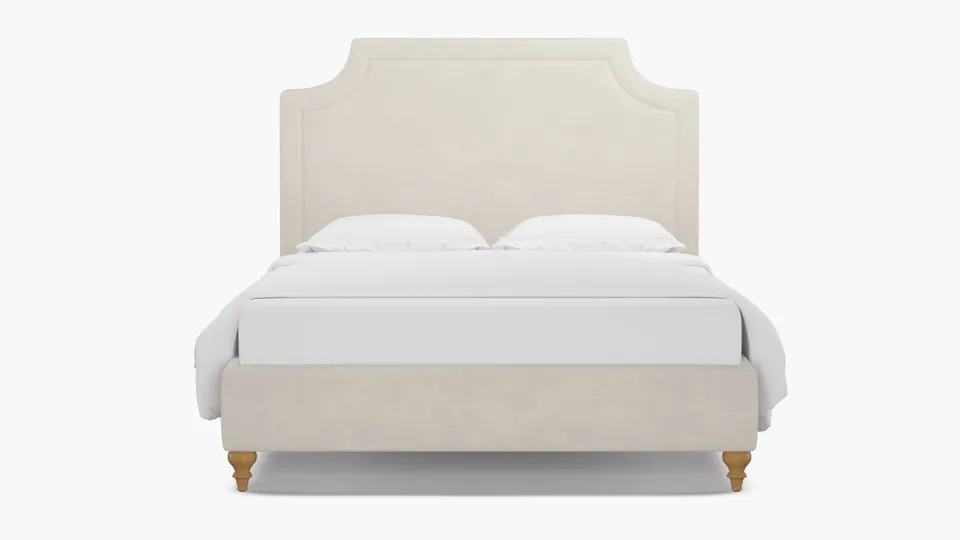 Deco Bed, White Performance Velvet, Natural Traditional Turned Leg, King