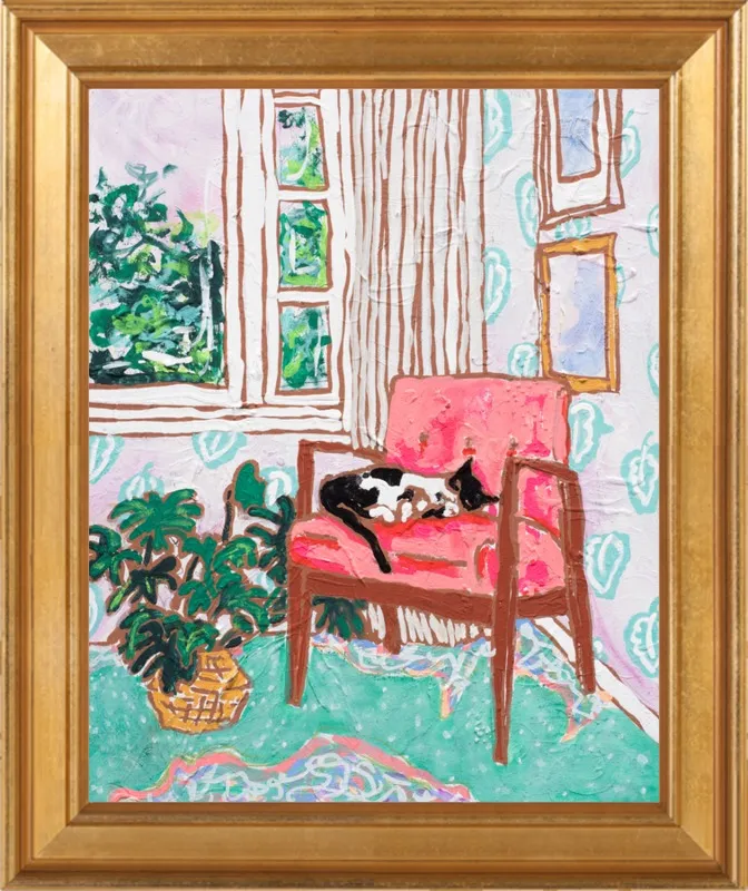 Cat Nap: Tuxedo Cat Napping in Mid-Century Chair by Lara Lee Meintjes for Artfully Walls