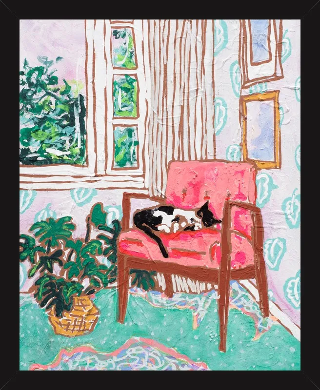 Cat Nap: Tuxedo Cat Napping in Mid-Century Chair by Lara Lee Meintjes for Artfully Walls