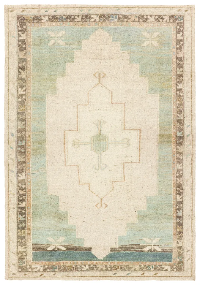 Enigma CSN03 Handmade Medallion Cream and Light Blue Runner Rug (3'X10')