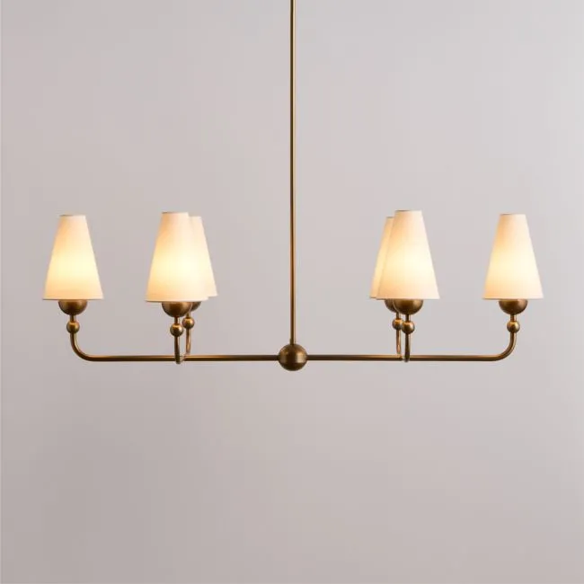 Everton Brass Linear Chandelier Light with White Linen Shades