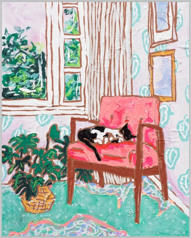 Cat Nap: Tuxedo Cat Napping in Mid-Century Chair by Lara Lee Meintjes for Artfully Walls