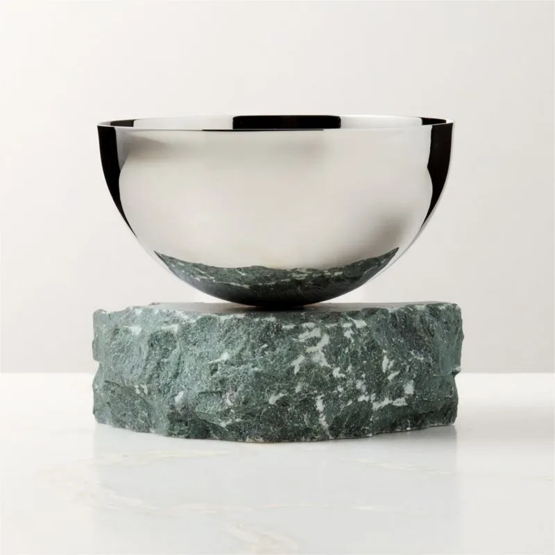 Laftin Polished Stainless Steel and Green Marble Snack Bowl 5"