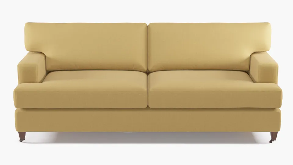 Classic Sofa, French Yellow Everyday Linen, Walnut with Antique Brass Caster