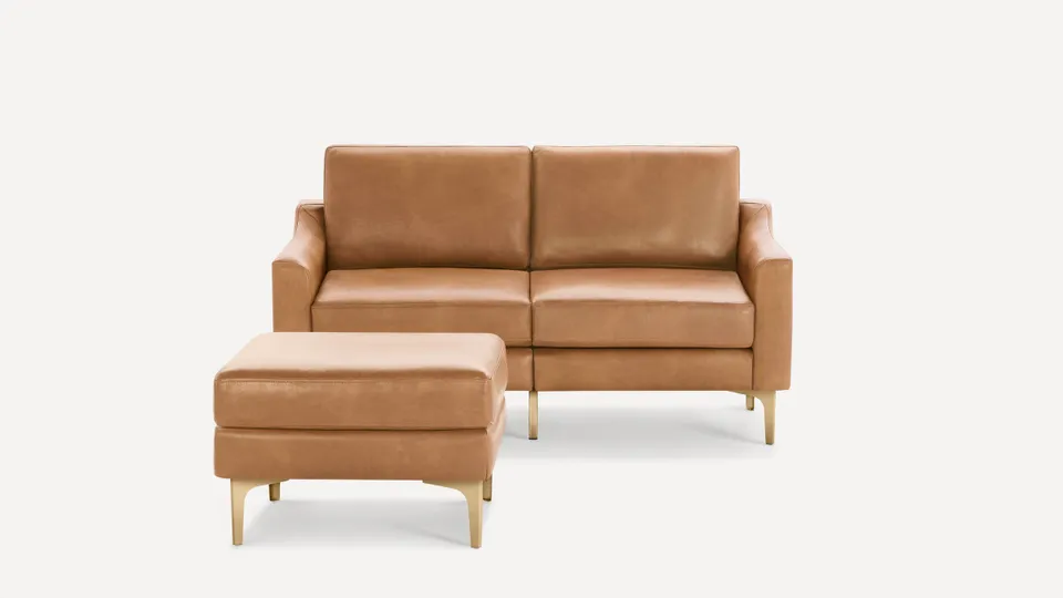Nomad Leather Loveseat with Ottoman - Camel - Top Grain Leather / Brass - Metal / Slope