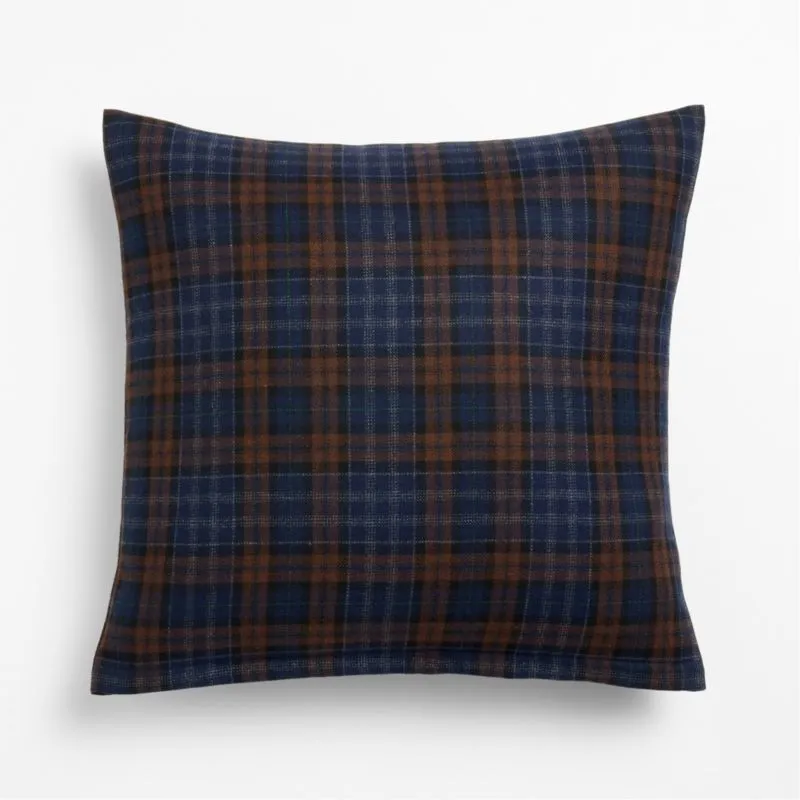 Stefano Italian Wool Blend Plaid 20"x20" Deep Indigo and Chocolate Brown Throw Pillow with Down-Alternative Insert