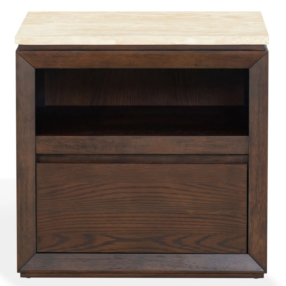 Alaura Travertine Top Nightstand - Travertine / Walnut