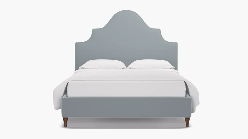 Statement Bed, Sterling Performance Velvet, Walnut Decorative Tapered Leg, Queen