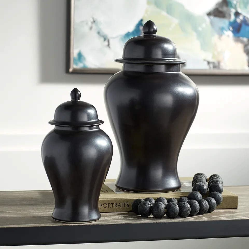 Alfano Onyx Black Ceramic Ginger Jar Urn Set of 2 with Lids