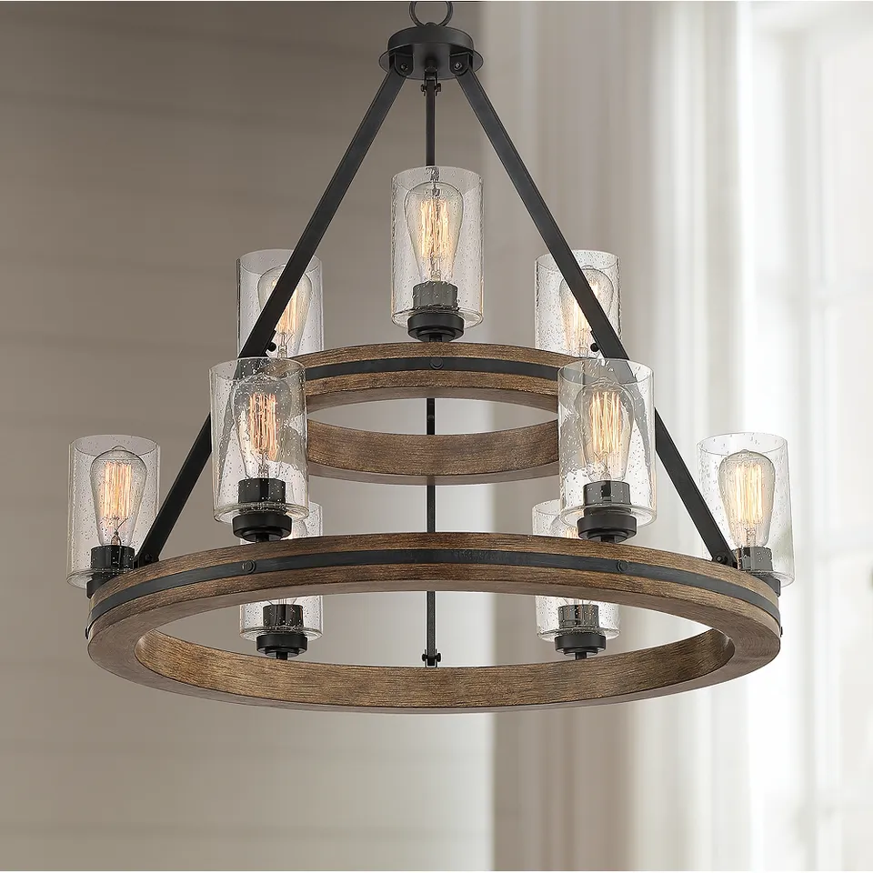 Franklin Iron Gorham 32" Wagon Wheel 2-Tier 9-Light Ring Chandelier