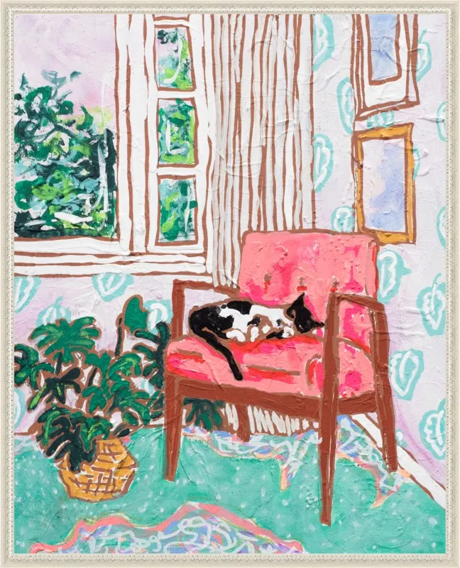 Cat Nap: Tuxedo Cat Napping in Mid-Century Chair by Lara Lee Meintjes for Artfully Walls