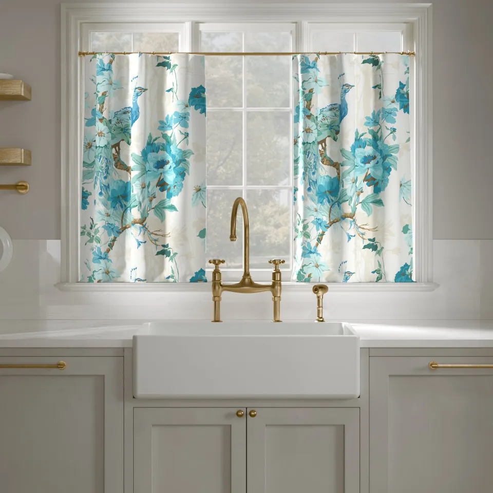 Printed Linen Café Curtain, Turquoise Peacock Park, 25" x 30", Unlined