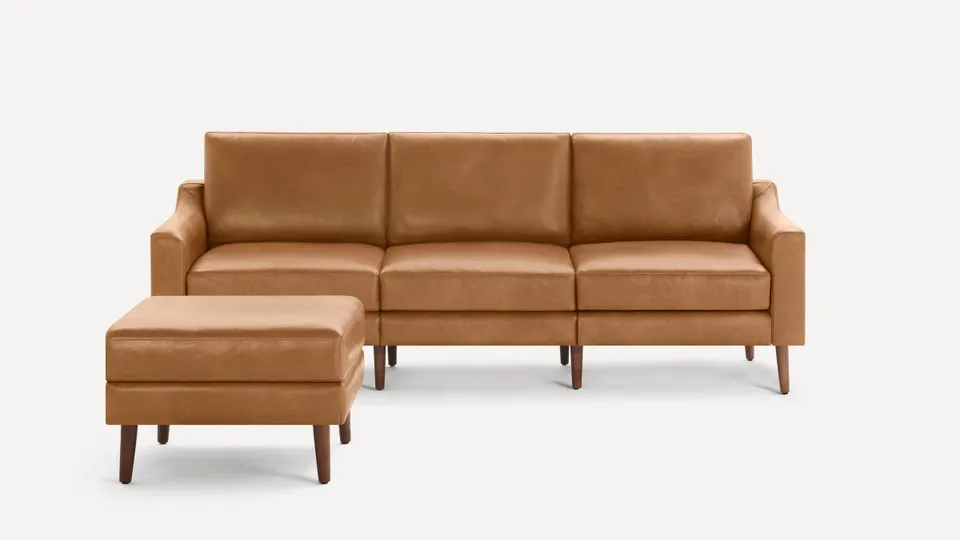 Nomad Leather Sofa with Ottoman - Camel - Top Grain Leather / Walnut - Wood / Slope