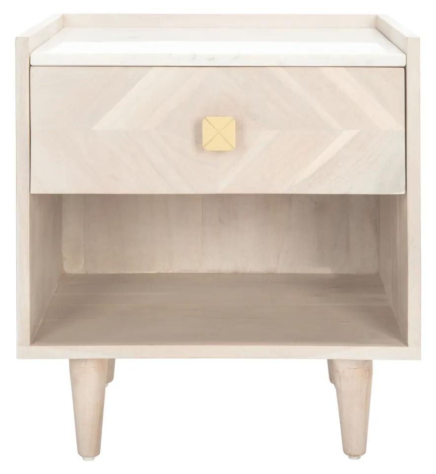 Tahseen Parquet Nightstand - White Washed / Brass