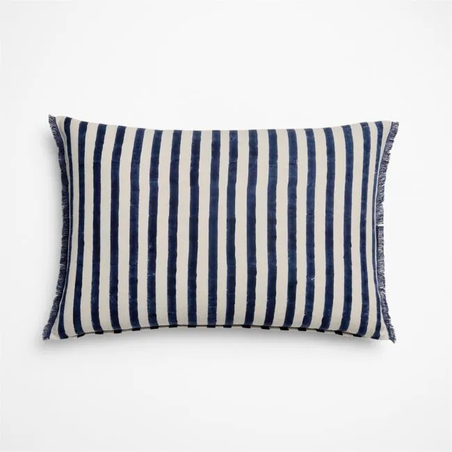 Yarra Stripe Fringe 24"x16" Deep Indigo Throw Pillow with Feather Insert