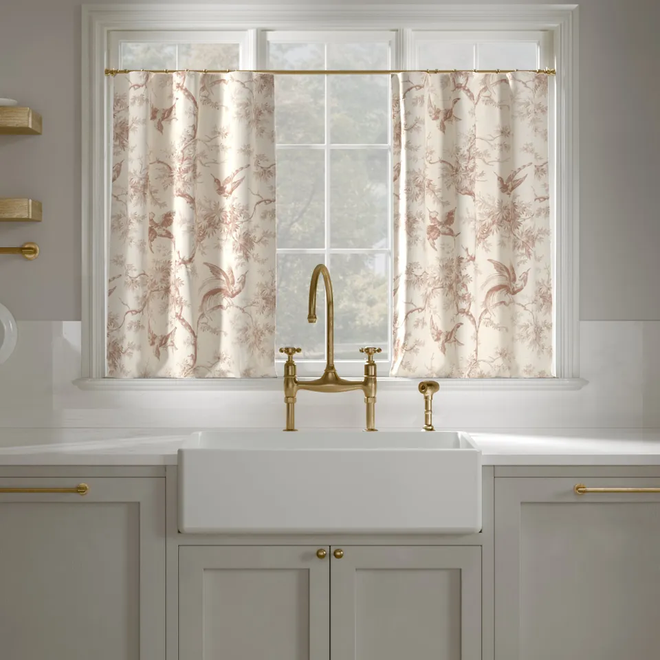 Printed Linen Café Curtain, Terracotta Swallows, 25" x 30", Privacy