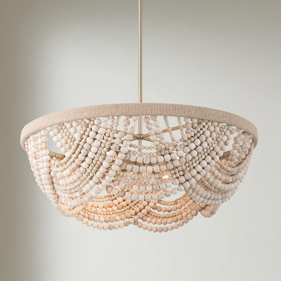 Possini Euro Darcy 28 1/4"W Brass and Natural Wood 6-Light Chandelier