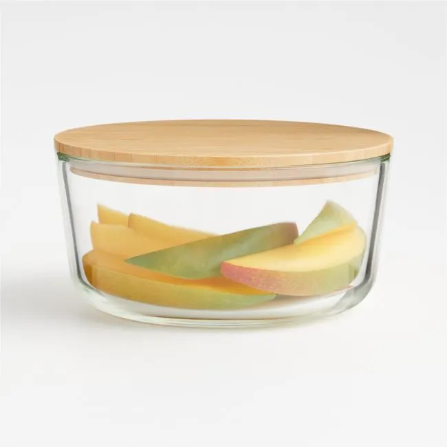Crate & Barrel Round Glass Storage Container with Bamboo Lid, 7-cup