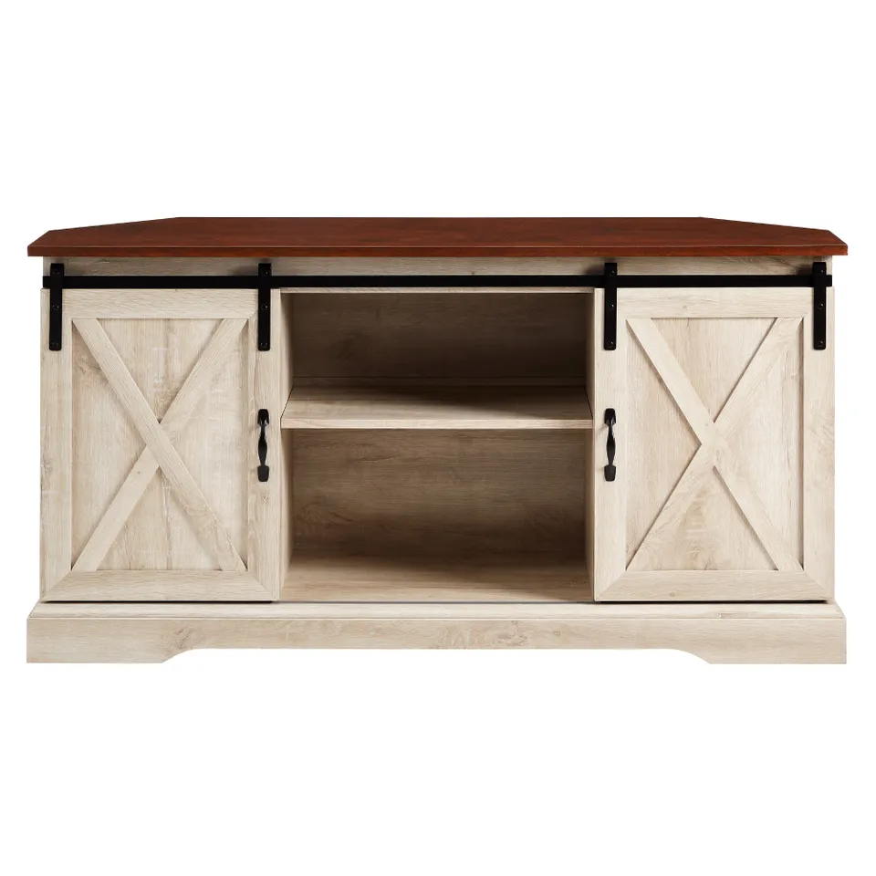 52" Sliding Barn Door Corner TV Stand - Traditional Brown/White Oak