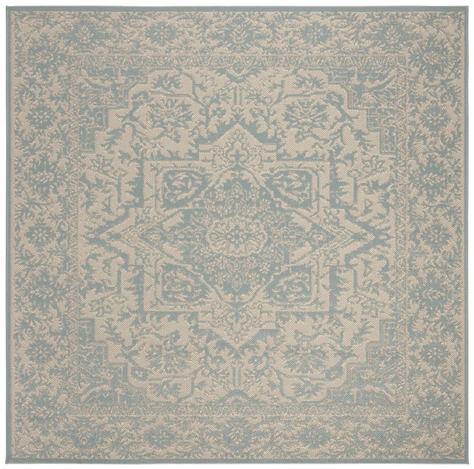 Arlo Home Indoor/Outdoor Woven Area Rug, LND139L, Cream/Aqua,  6' 7" X 6' 7" Square