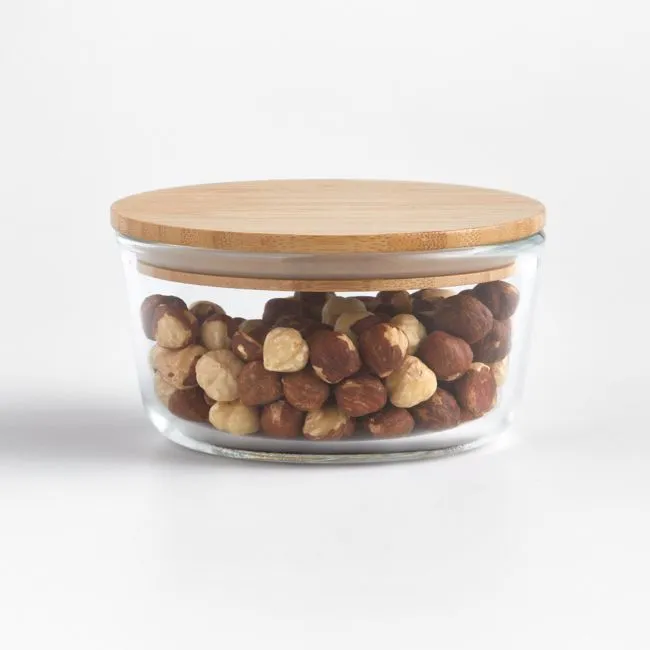 Crate & Barrel Round Glass Storage Container with Bamboo Lid, 2-cup