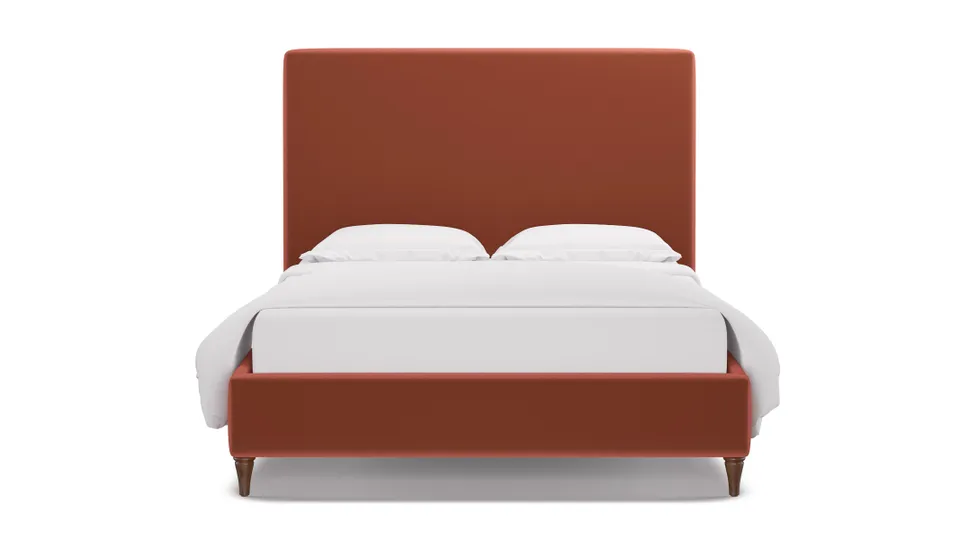 Classic Bed, Terracotta Performance Velvet, Walnut Decorative Tapered Leg, Queen
