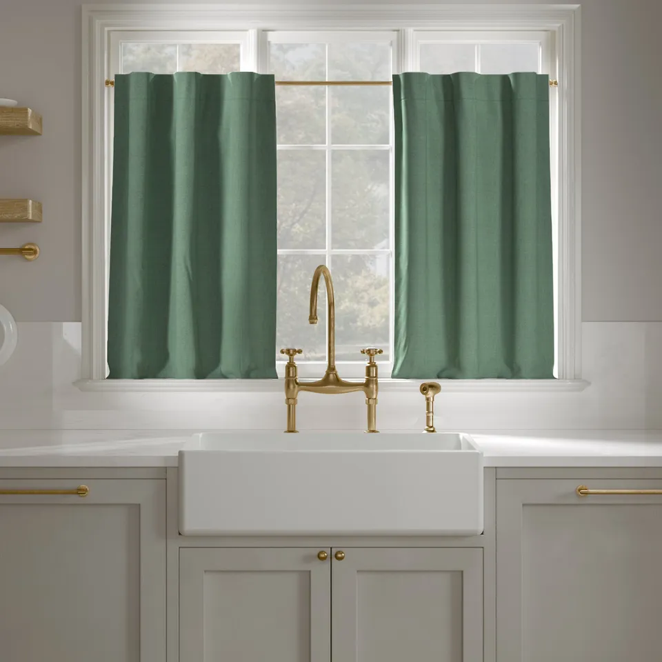 Linen Café Curtain, Blue Spruce Linen, 25" x 36", Unlined