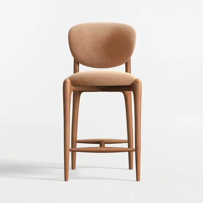 Via Toffee Brown Velvet Walnut Wood Counter Stool