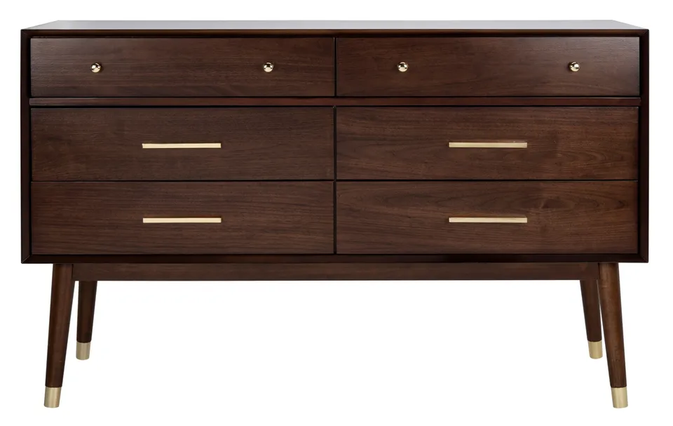 Zack 6 Drawer Wood Dresser - Walnut / Brass