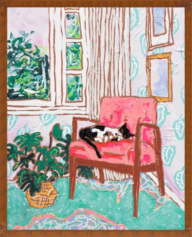 Cat Nap: Tuxedo Cat Napping in Mid-Century Chair by Lara Lee Meintjes for Artfully Walls