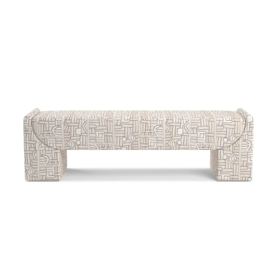 Ecru Maze Kuba Cloth Stevie Bench by St. Frank | Brown | 62"W x 18"D x 18"H Seat