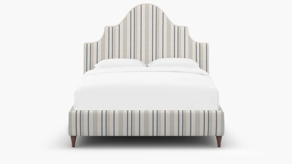 Statement Bed, Blue Market Stripe, Walnut Decorative Tapered Leg, Twin