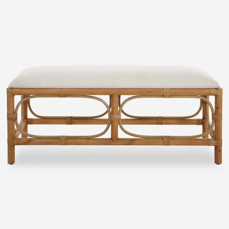 Laguna White Fabric Rattan Bench