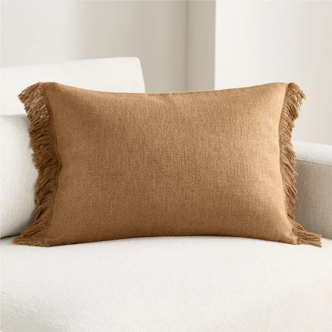 Casual Textured Fringe 24"x16" Camel Tan Throw Pillow Cover with Down-Alternative Insert