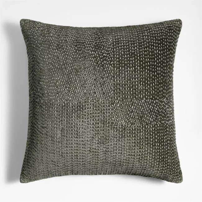 Sashiko Organic Cotton Velvet 20"x20" Burnt Green Throw Pillow Cover