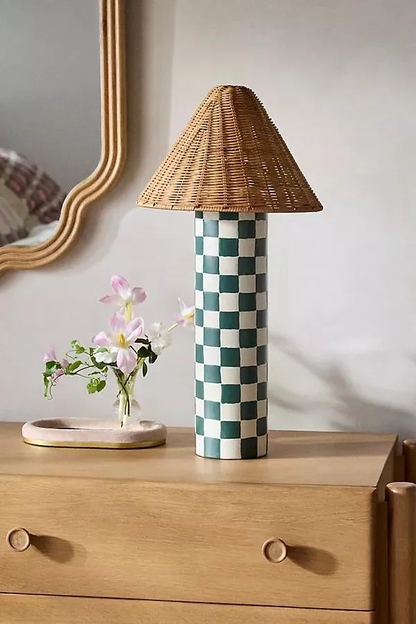 Merve Kahraman Ceramic Checkered Rattan Table Lamp