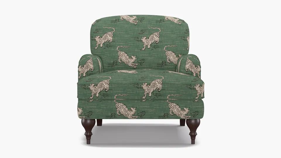 English Roll Arm Chair, Emerald Tigresse, Espresso Turned Wood Leg