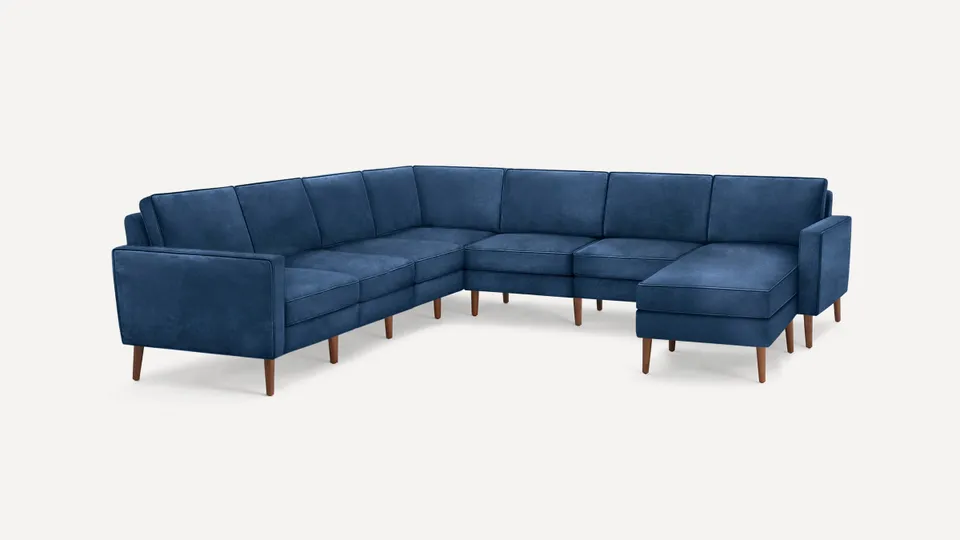 Nomad Velvet 7-Seat Corner Sectional with Reversible Chaise - Midnight - Performance Velvet / Walnut - Wood