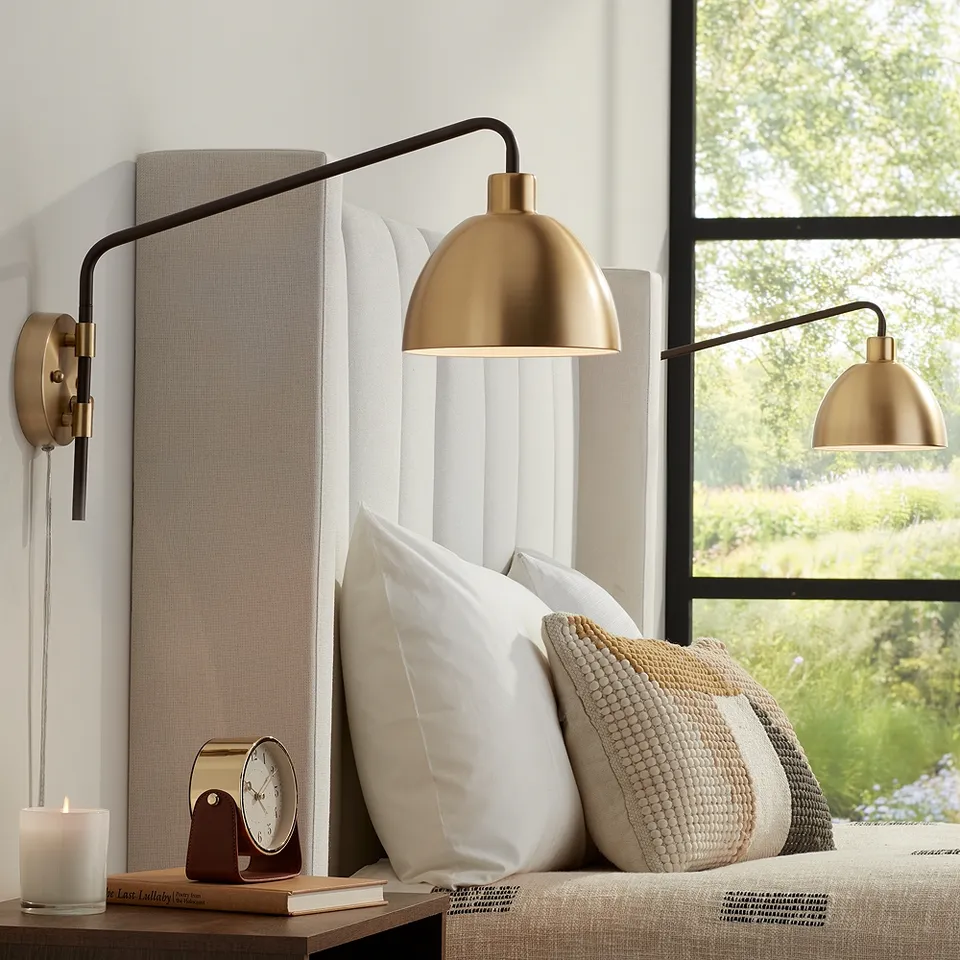 360 Lighting Colwood Brass and Bronze Plug-In Swing Arm Wall Lamps Set of 2