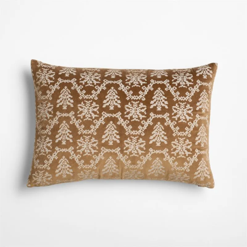 Embroidered Garland Velvet 22"x15" Camel Tan Throw Pillow Cover