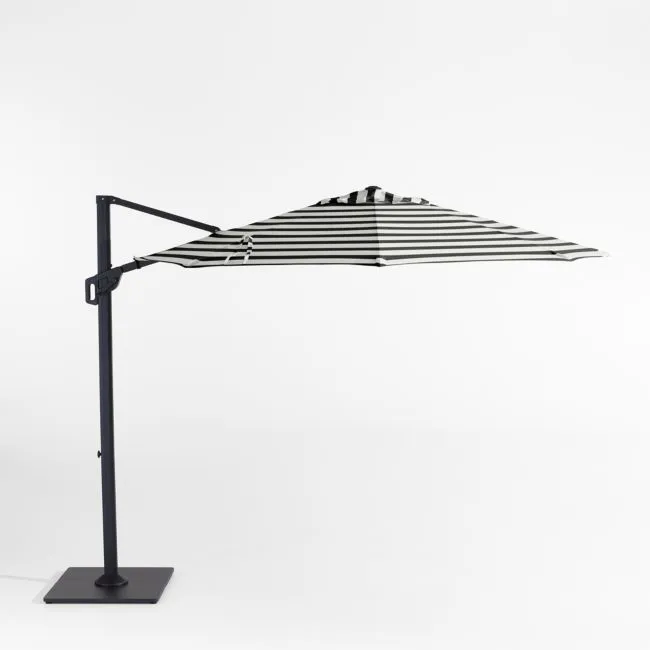 10' Round Sunbrella® Black and White Cabana Stripe Cantilever Outdoor Patio Umbrella with Black Metal Frame
