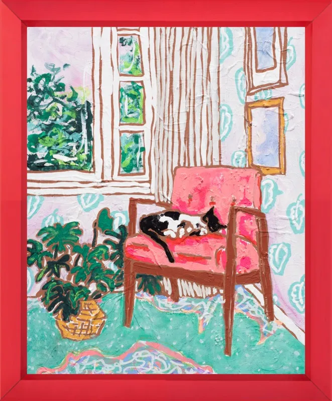 Cat Nap: Tuxedo Cat Napping in Mid-Century Chair by Lara Lee Meintjes for Artfully Walls