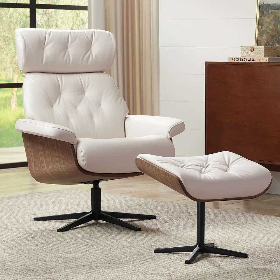 Melia Eggshell Adjustable Faux Leather Swivel Recliner and Ottoman