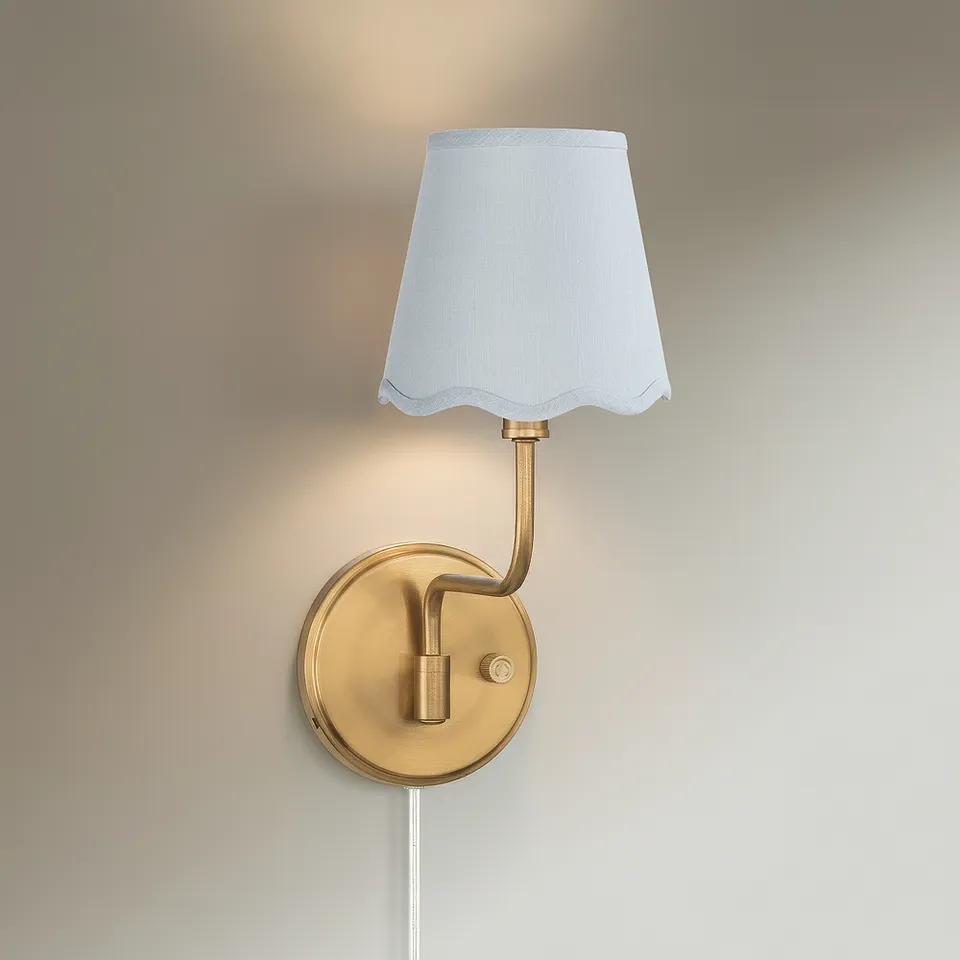 Opehlia 9 1/2" High Warm Brass Plug-In Wall Sconce Blue Scallop Shade