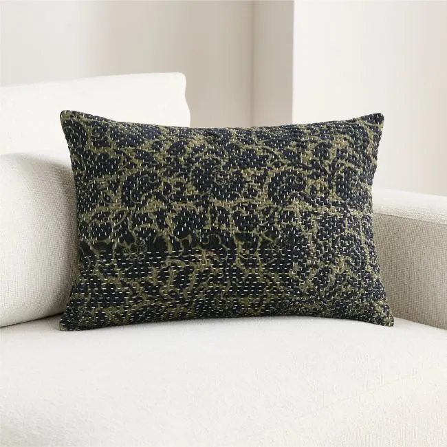 Sashiko Floral Organic Cotton Velvet 22"x15" Moss Green Throw Pillow Cover with Feather Insert