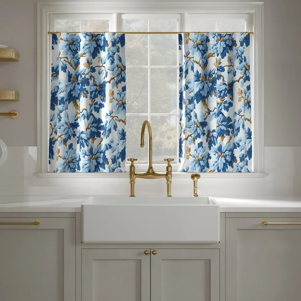 Printed Linen Café Curtain, Delft Woodland, 25" x 24", Unlined