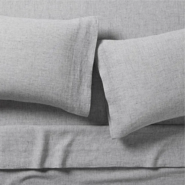 Aire Natural European Linen Midnight Navy Blue Grid Queen Bed Sheet Set