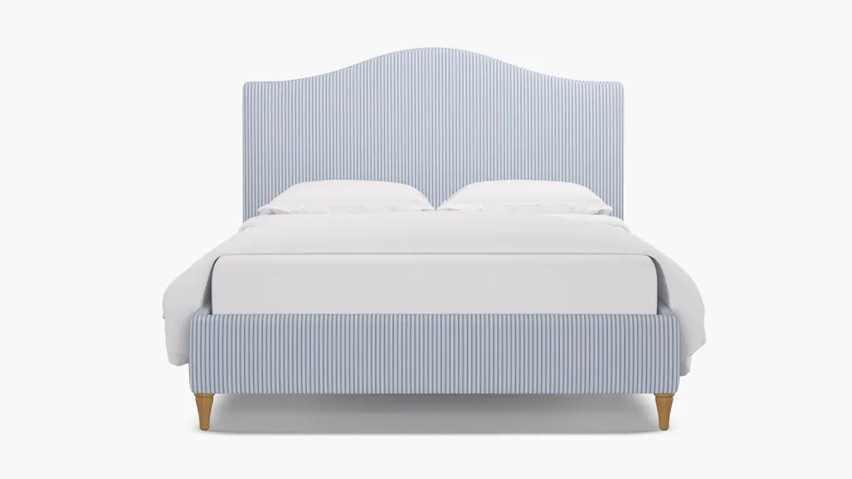 Camelback Bed, Cornflower Classic Ticking Stripe, Natural Decorative Tapered Leg, Queen