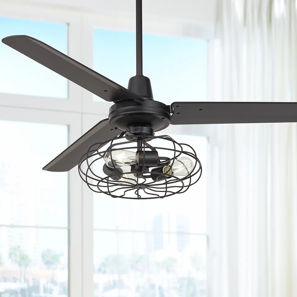 52" Casa Vieja Plaza Matte Black Cage Light Ceiling Fan with Remote