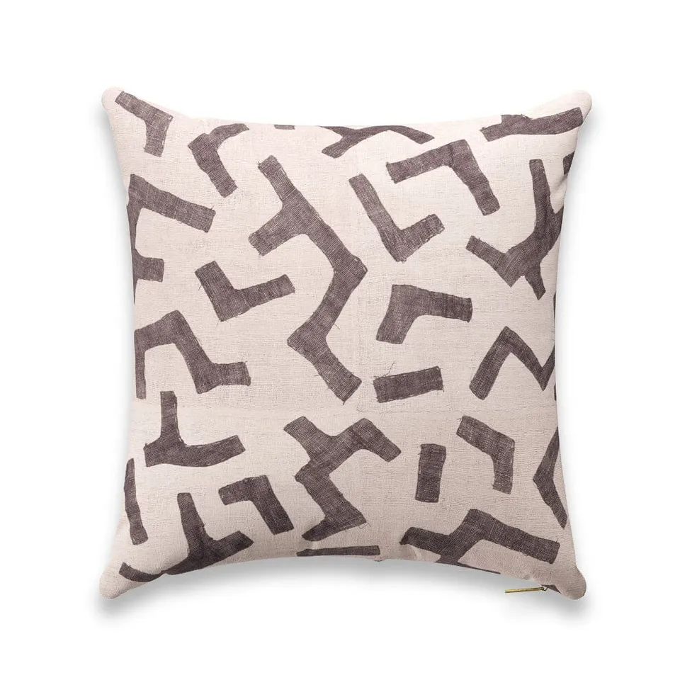 Ecru Figures Kuba Cloth Pillow by St. Frank | Grey | 26" W x 26" H | Sheepskin/Linen